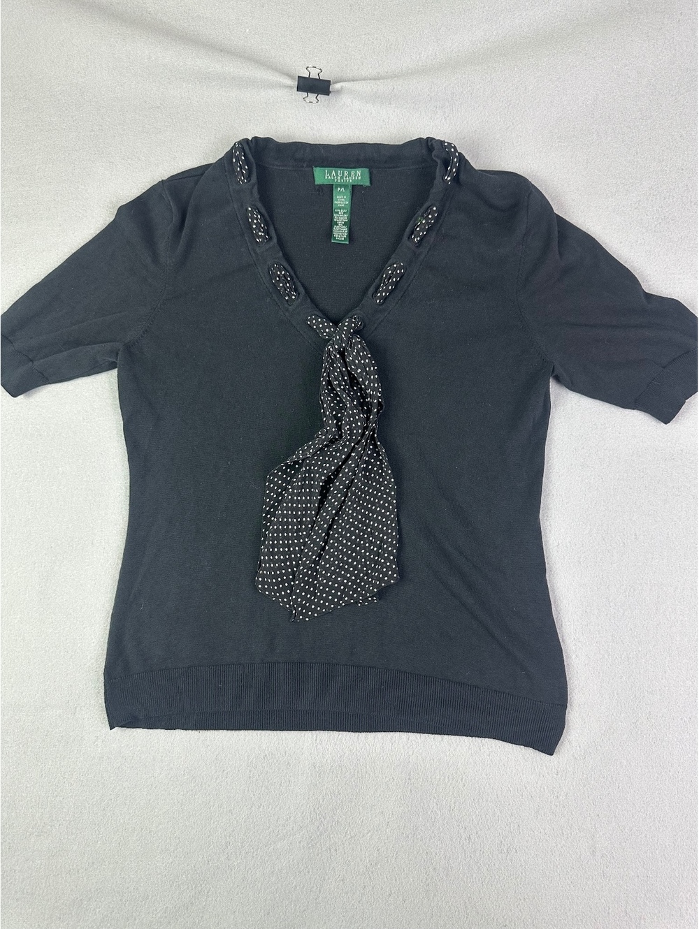 Lauren Ralph Lauren Black Short Sleeve Sweater Top with Polka Dot Tie Neck